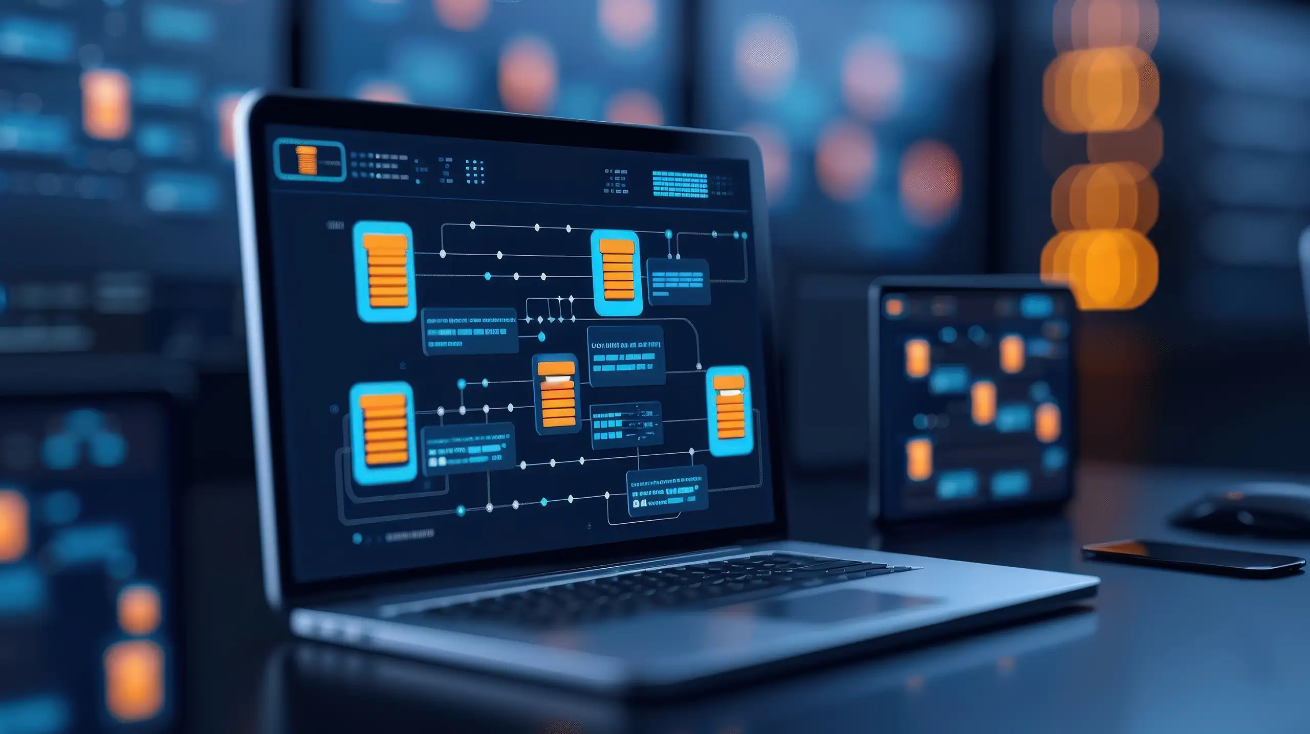 Open laptop with an automation diagram showing on the screen