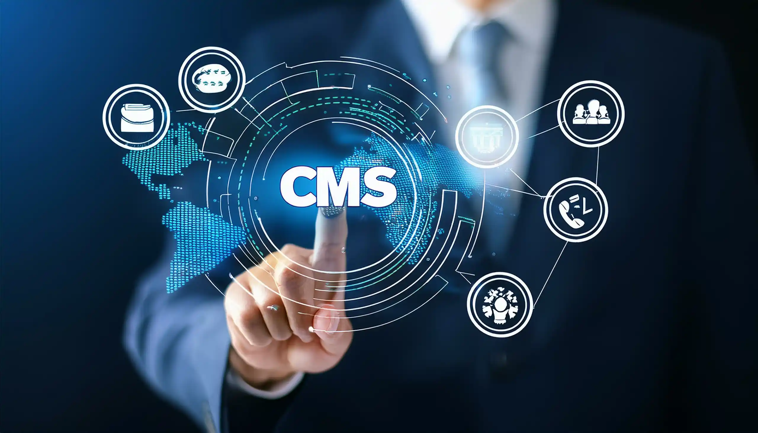 Man in a suit pointing to an overlaid graphic with the text CMS on it among other icons