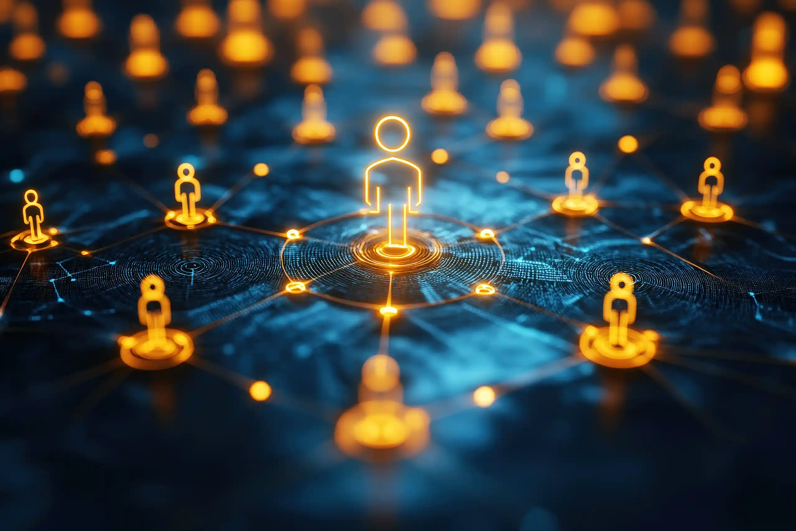 Bright orange person icon interconnected with smaller orange person icons