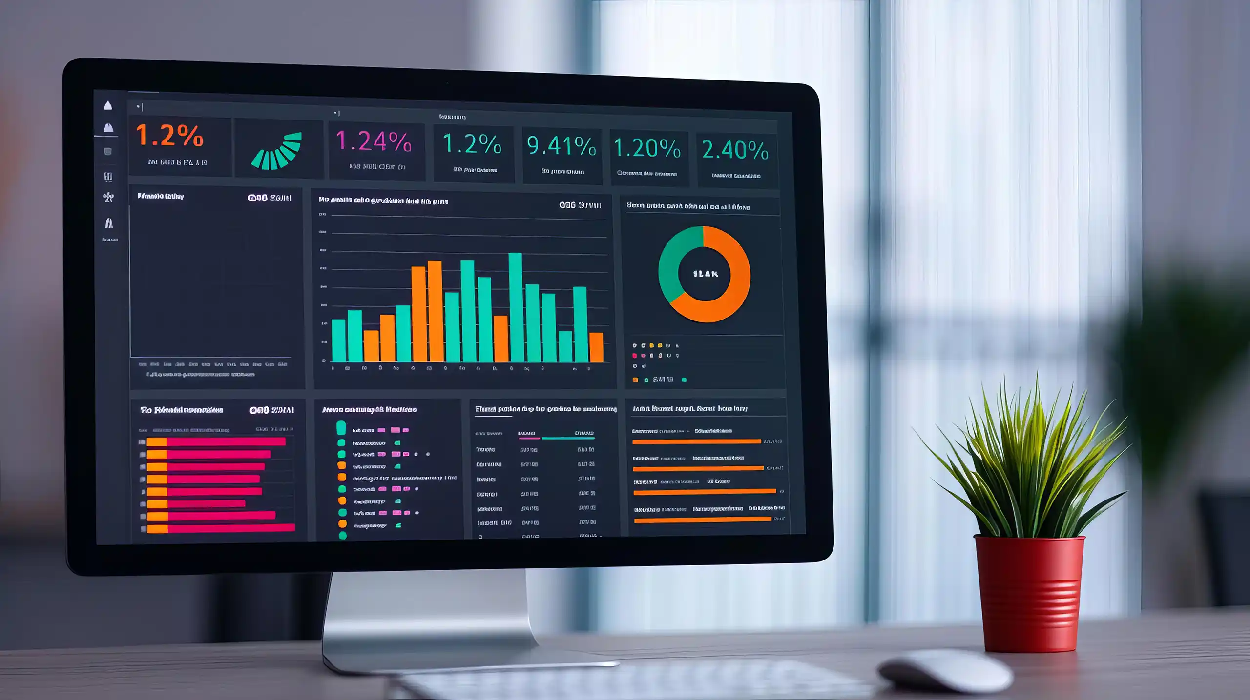 Computer screen showing various graphs and charts on desk with a keyboard, mouse and small potted plant