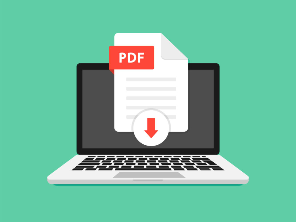 Illustration of a laptop with a document labeled "PDF" emerging from the screen, and a red downward arrow indicating a file download.