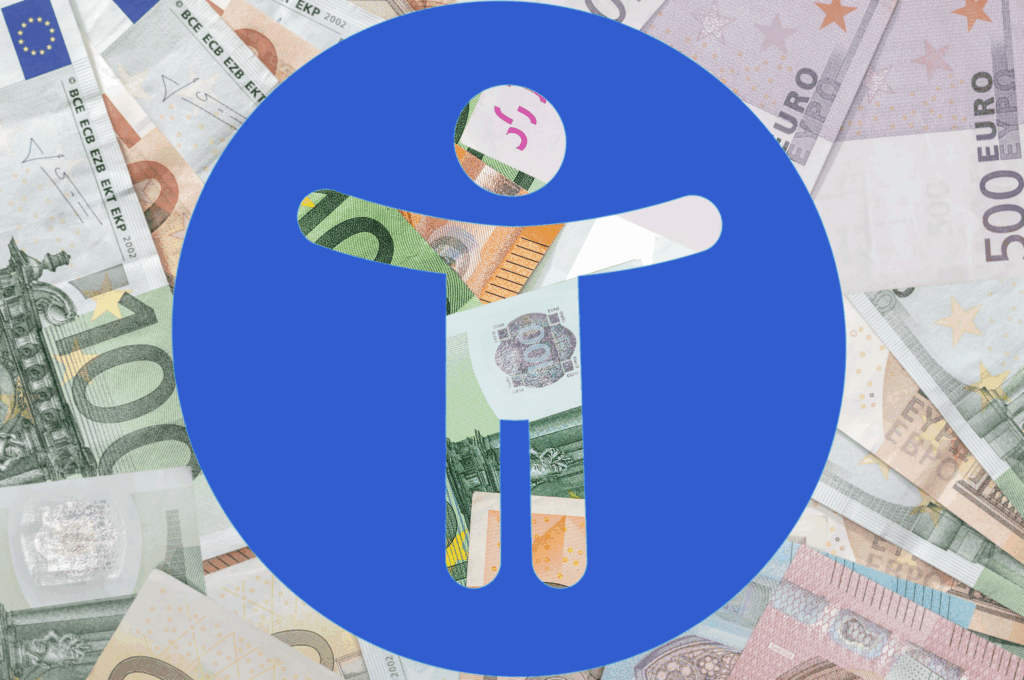 Blue accessibility icon with a human figure cutout, filled with overlapping Euro banknotes in the background, symbolising investment in digital inclusion.