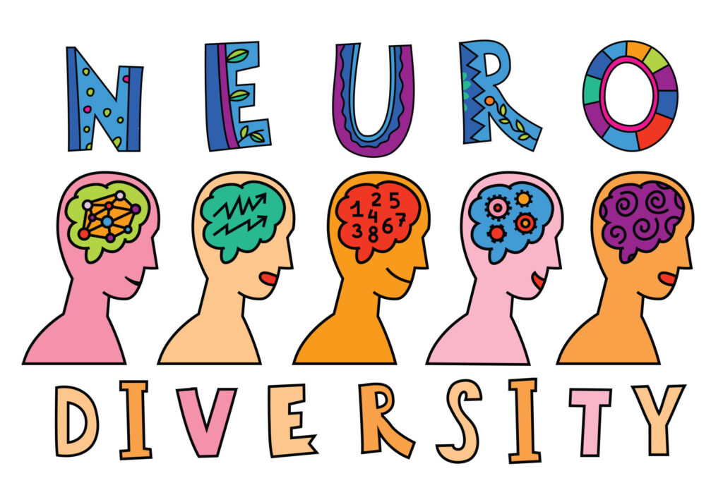 Colourful illustration of six human heads with varied brain patterns representing different cognitive styles, with the word “Neurodiversity” in bold, artistic letters.