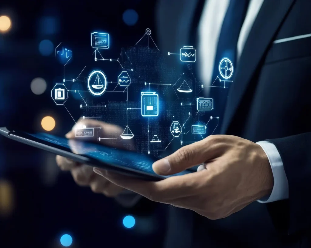 Close-up of a man in a suit holding a tablet device with overlaid graphical icons above the screen